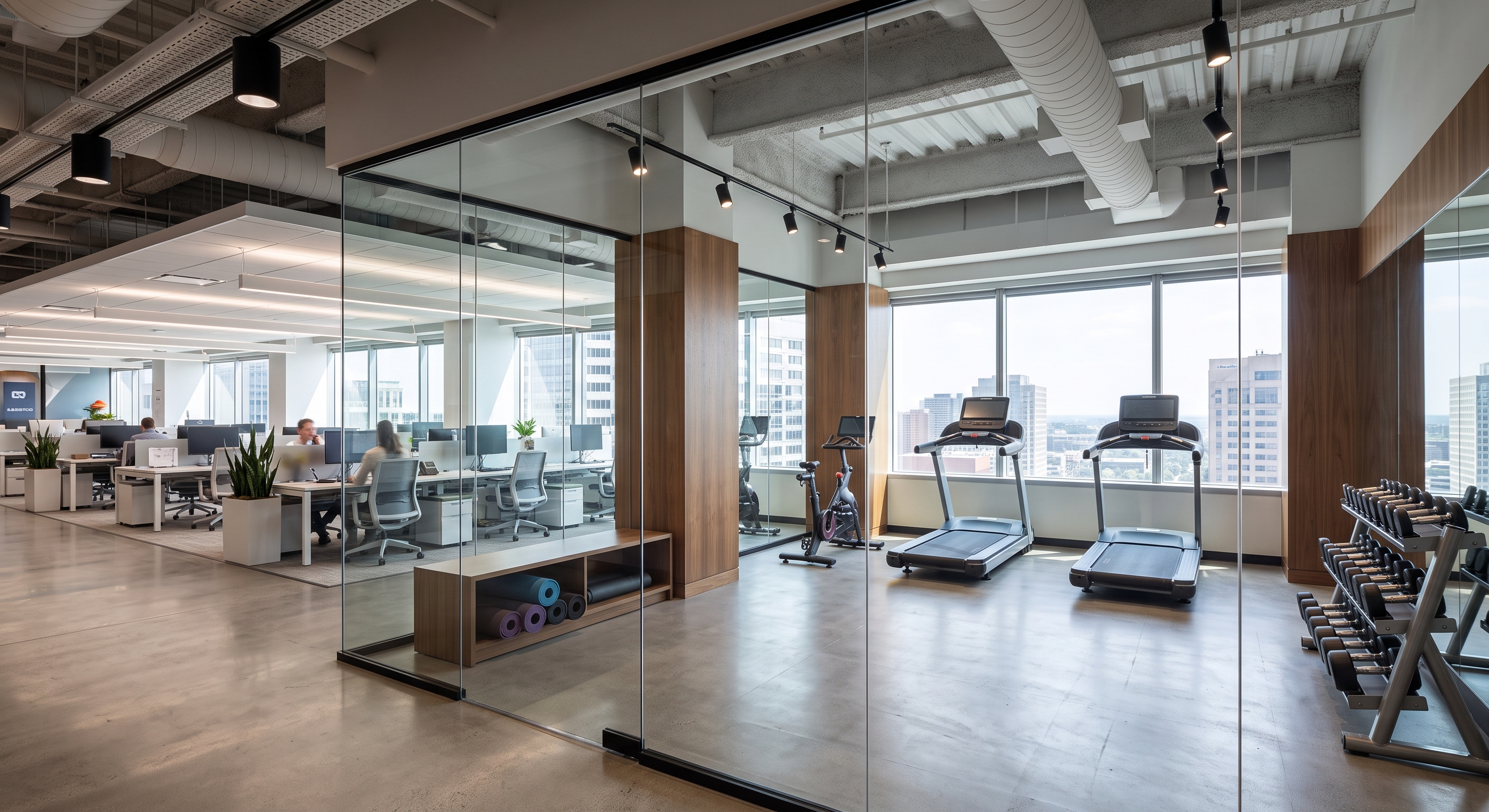 image of a working environment side by side with a gym